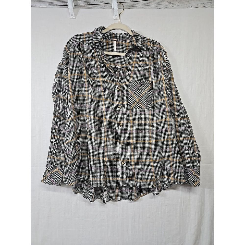Free People Women's XS BREAK MY STRIDE Top Plaid Long Oversized Boho Button Up
